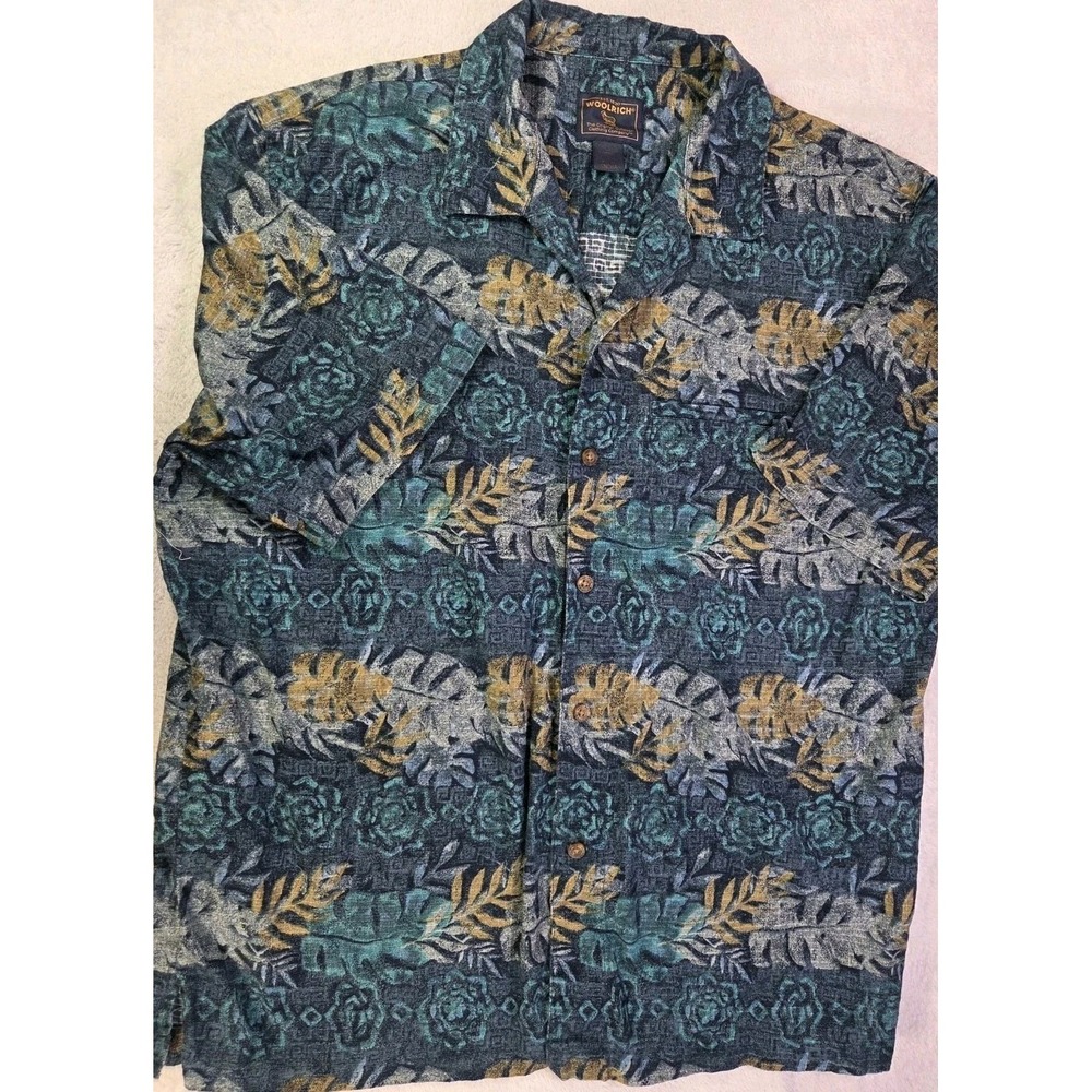 Woolrich Tropical Hawaiian Shirt Mens Large Green Palm Leaf Button Up Casual